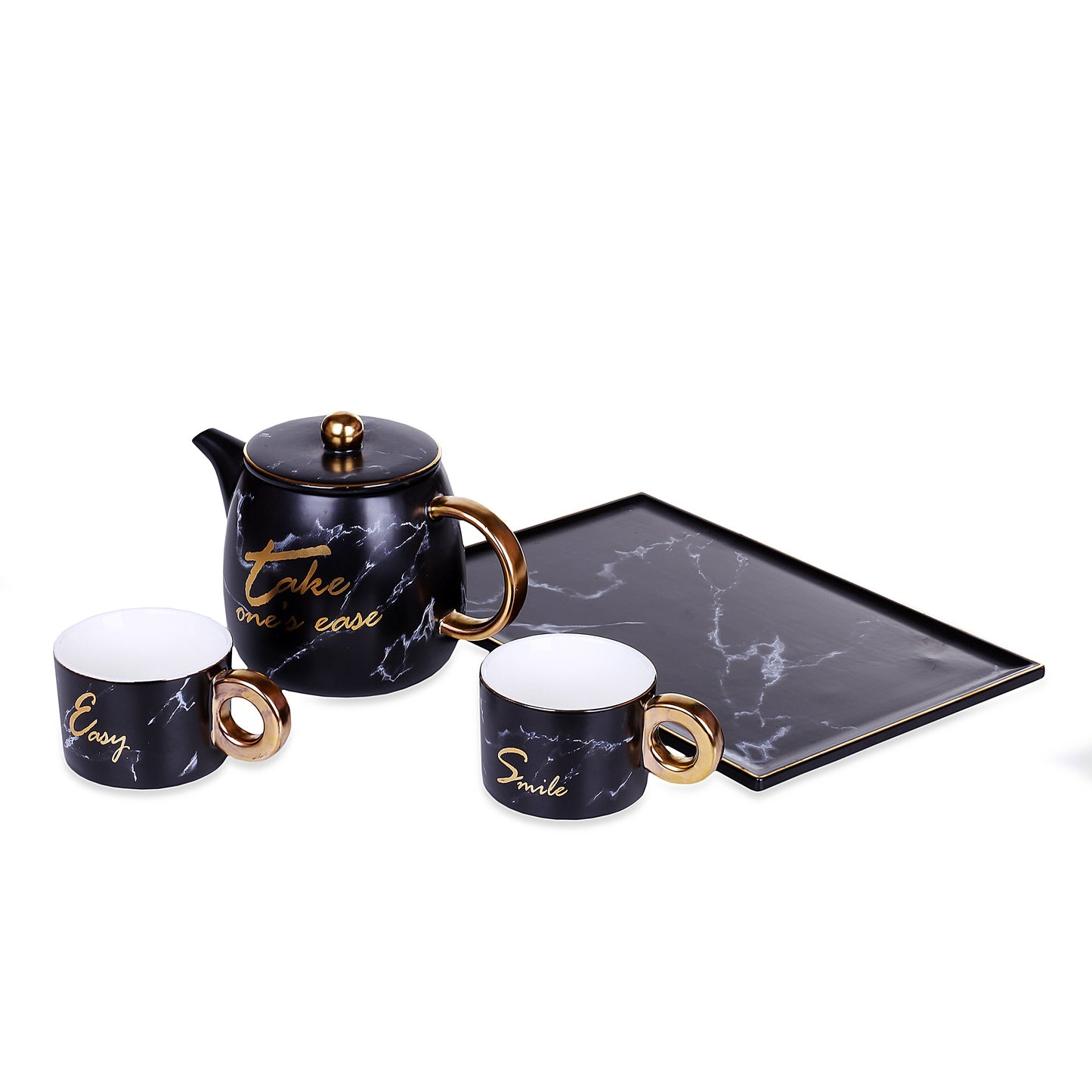 Marble Design Mugs With Teapot & Tray