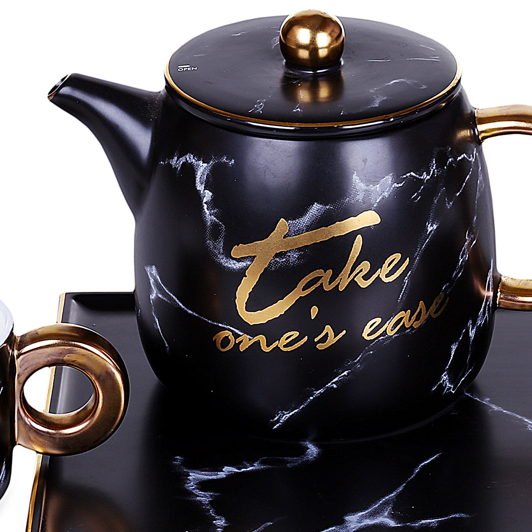 Marble Design Mugs With Teapot & Tray