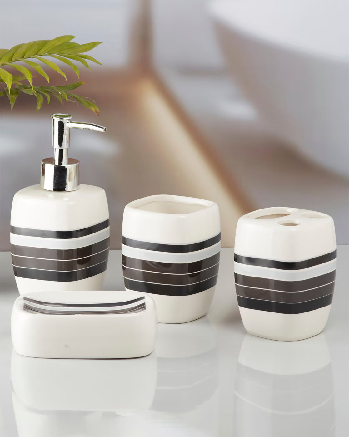 White & Gray Striped Bathroom Set