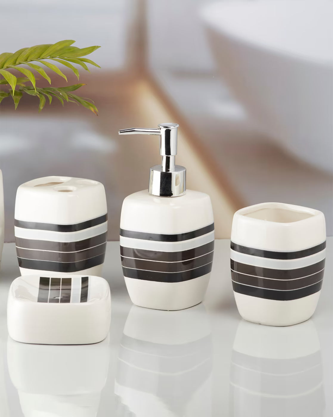 White & Gray Striped Bathroom Set