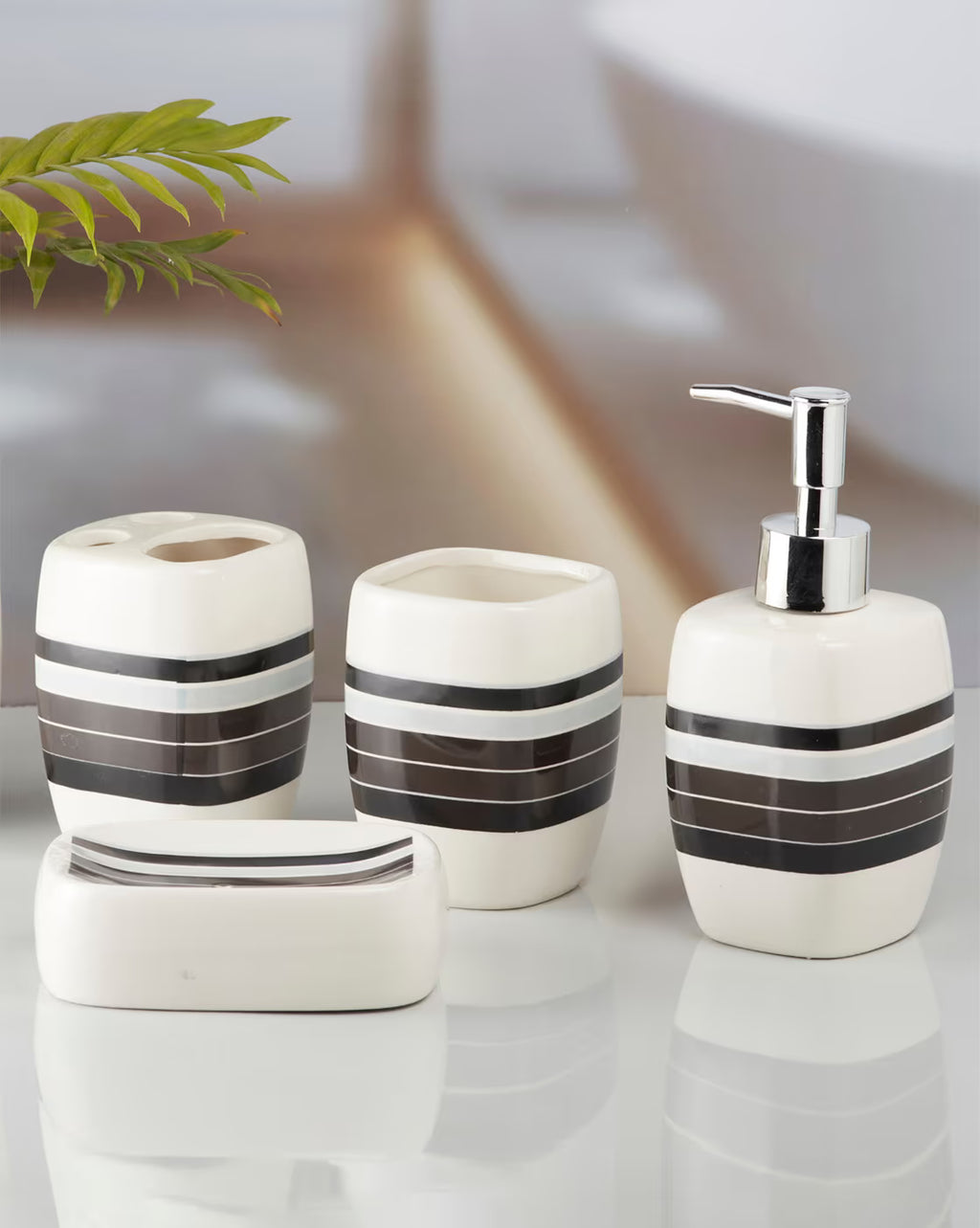 White & Gray Striped Bathroom Set