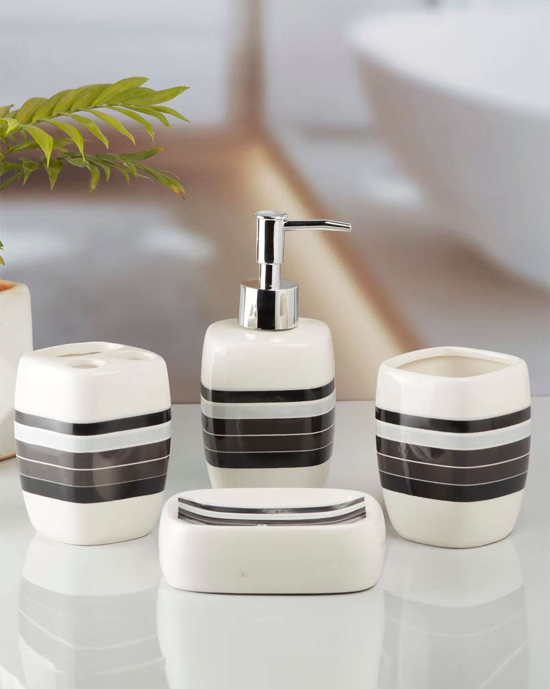 White & Grey Striped Bathroom Set