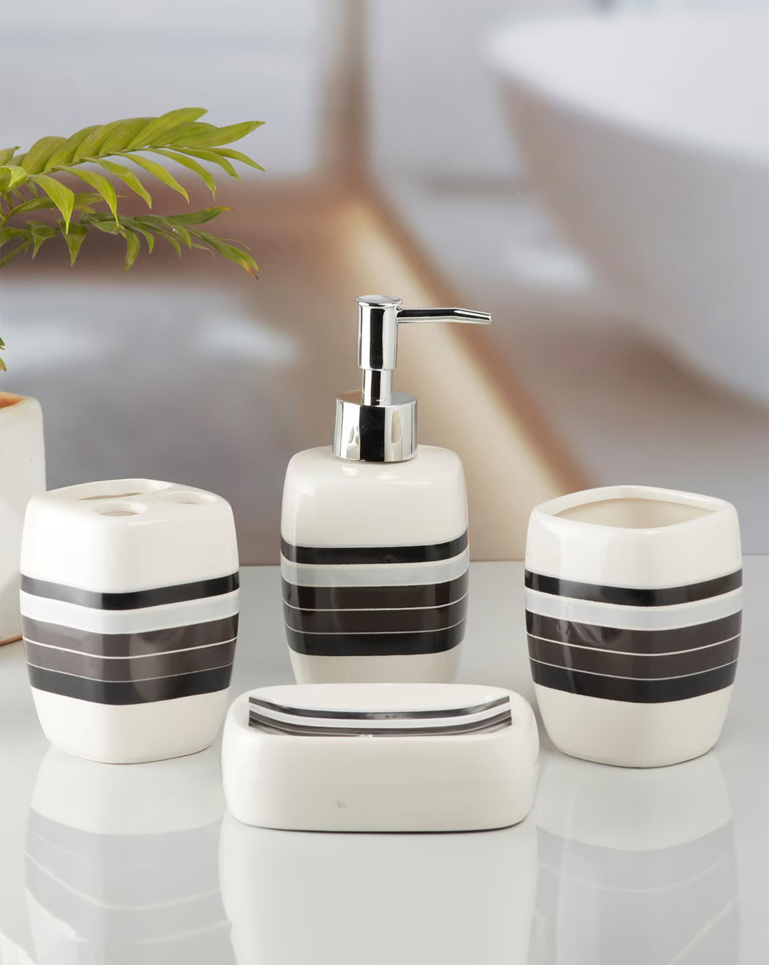 White & Gray Striped Bathroom Set