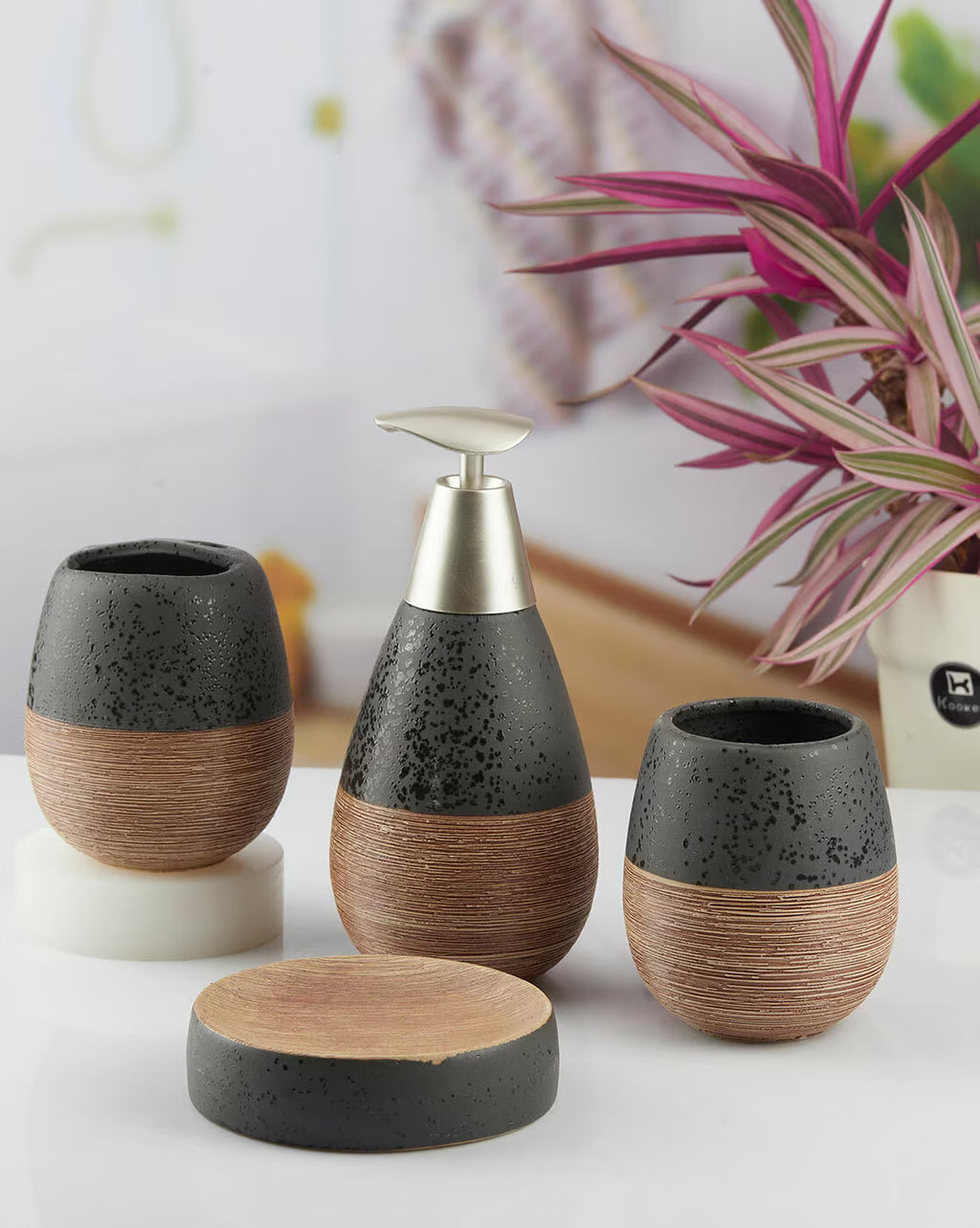 Self Textured Bathroom Set With Wooden Pattern