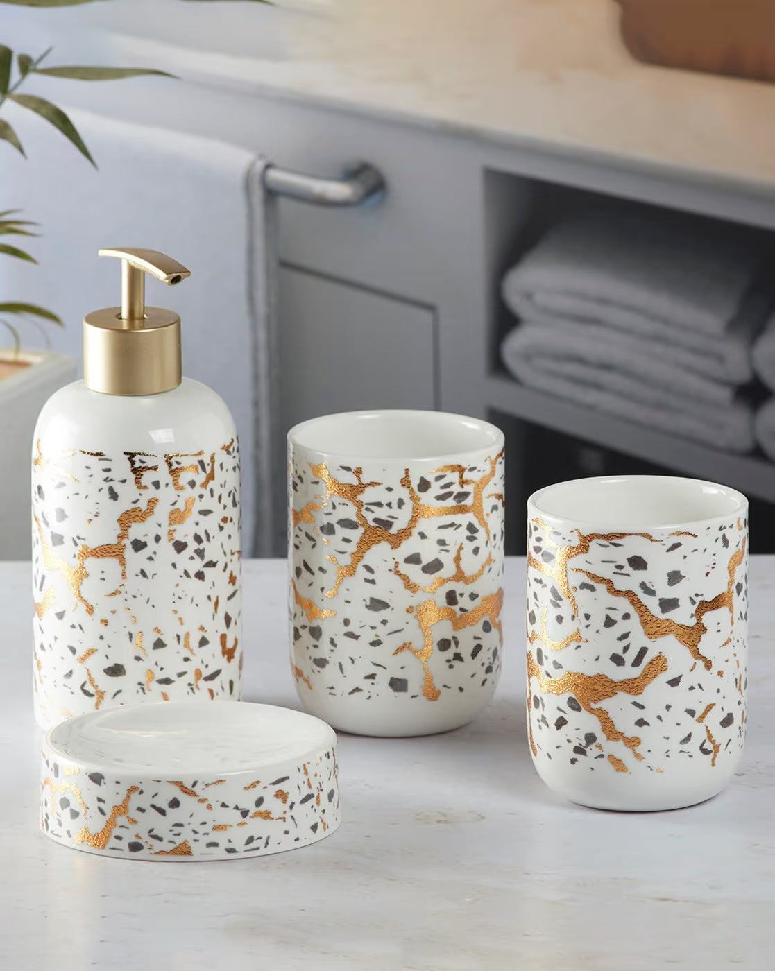 White with Golden Abstract Design Bathroom Set