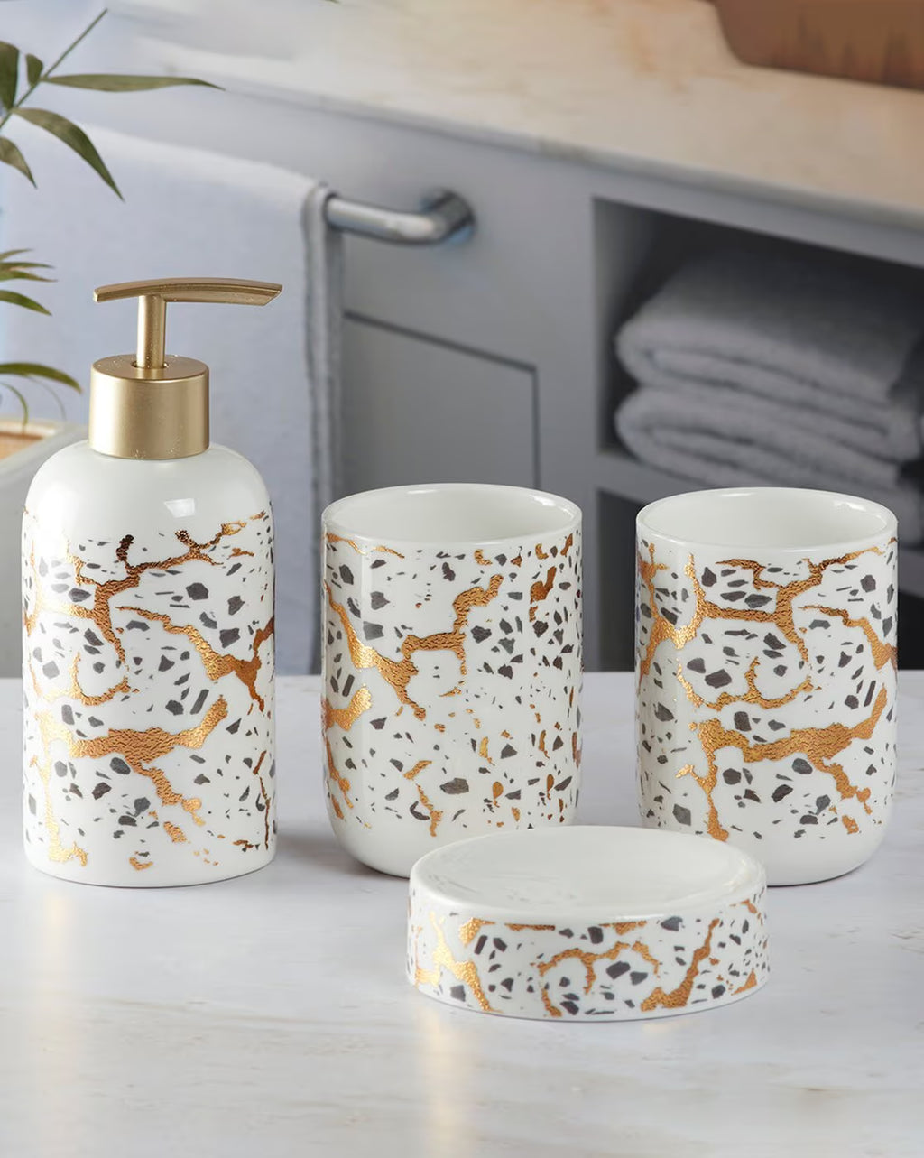 White with Golden Abstract Design Bathroom Set