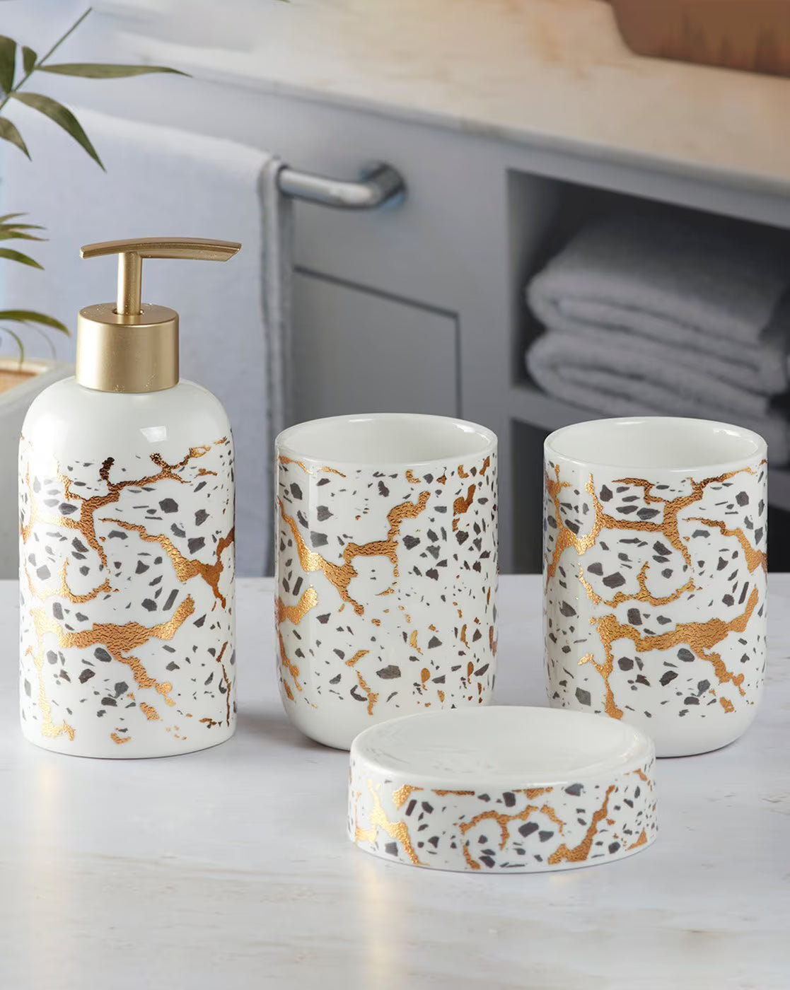 White with Golden Abstract Design Bathroom Set