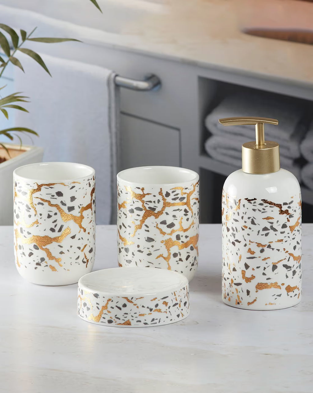 White with Golden Abstract Design Bathroom Set