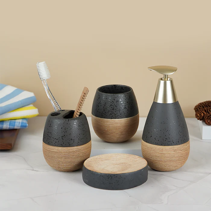 Self Textured Bathroom Set With Wooden Pattern