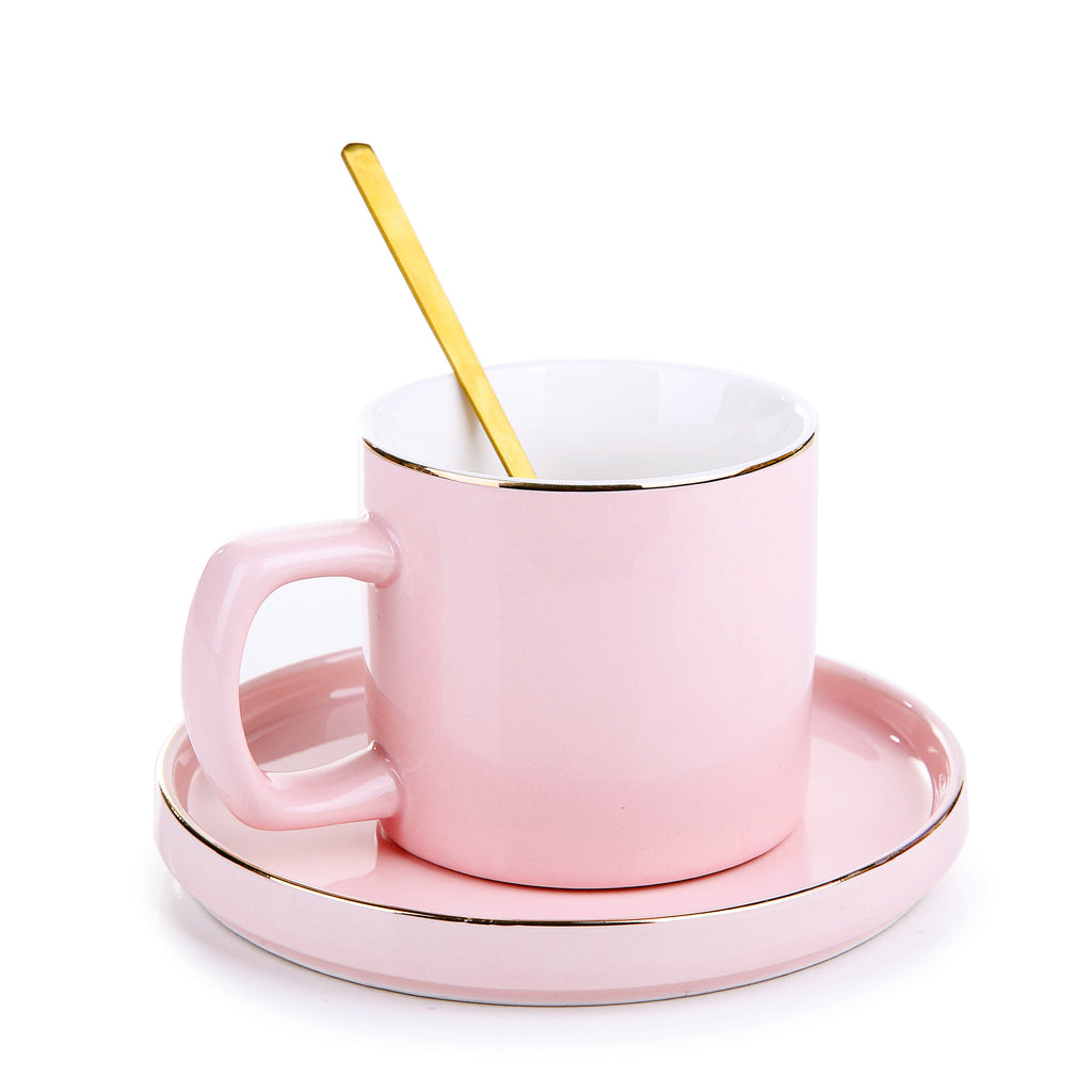 Formal Pink Mug With Tray & Spoon