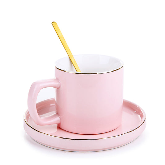 Formal Pink Mug With Tray & Spoon