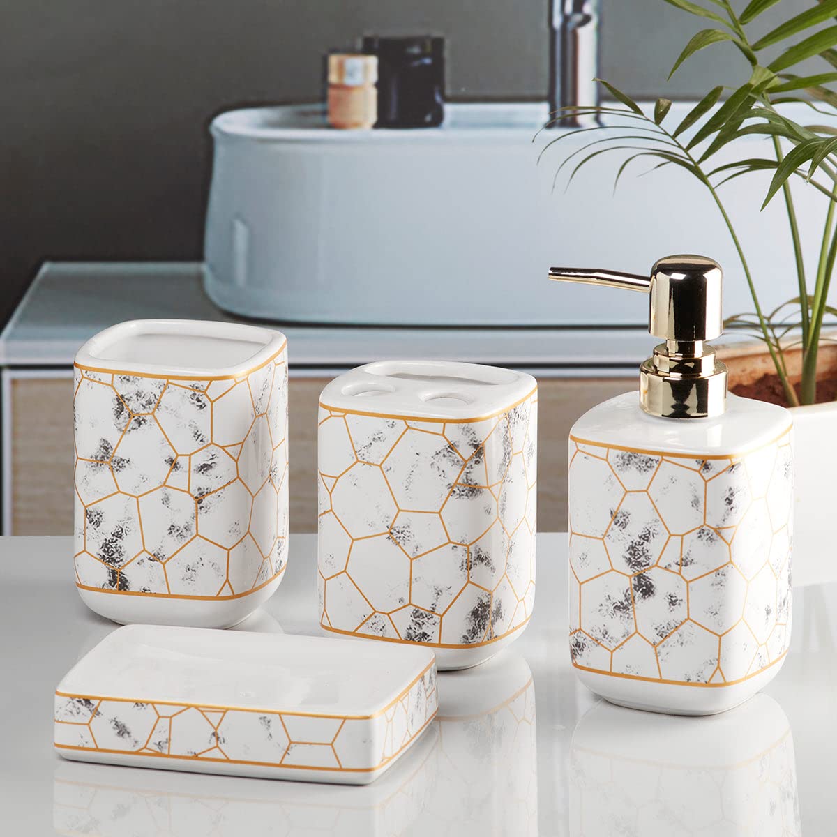 Marble Golden Hexagon Bathroom Set