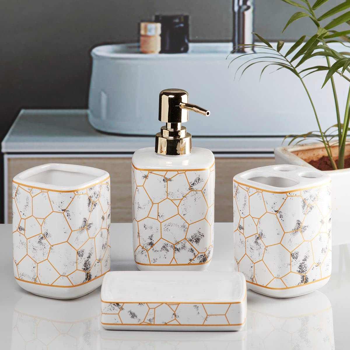 Marble Golden Hexagon Bathroom Set