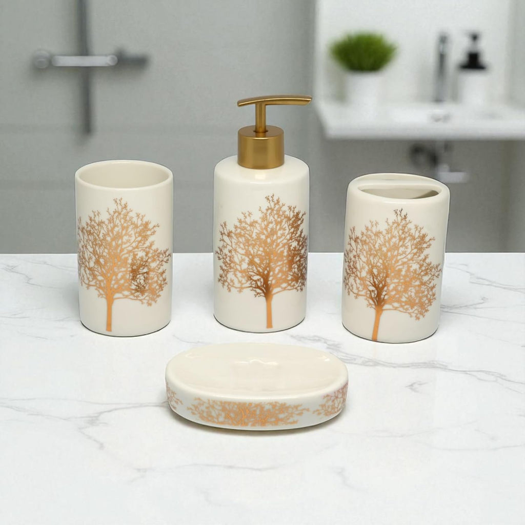 White Ceramic Golden Tree Bathroom Set