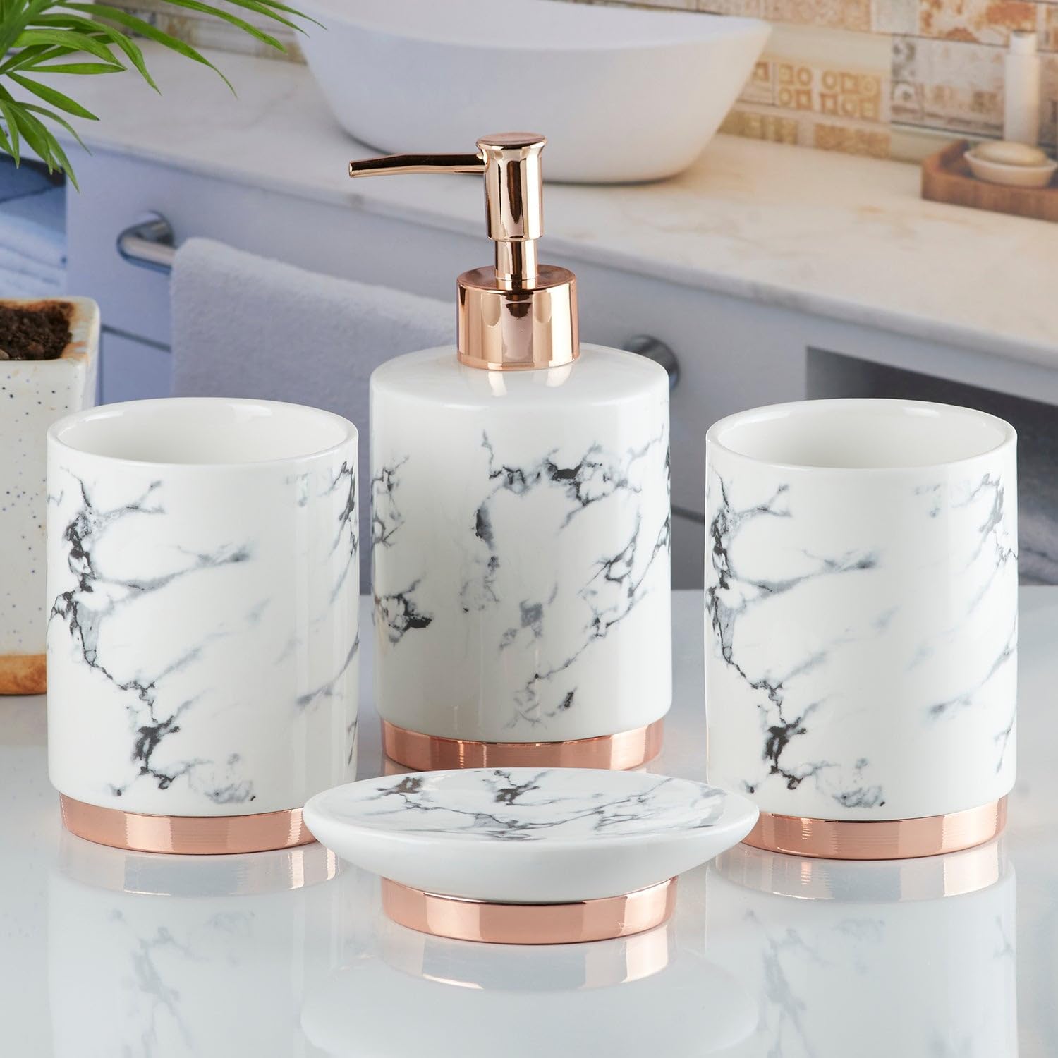 White Ceramic Bathroom Set (Pink Accent)