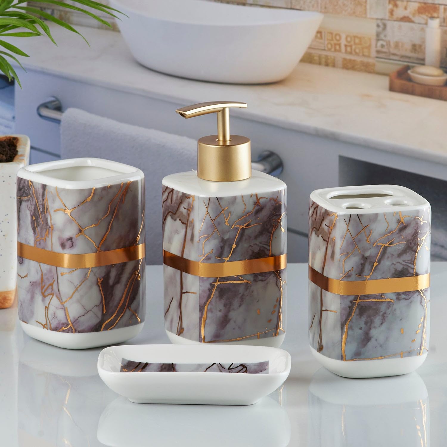 Marble Design Golden Starp Bathroom Set