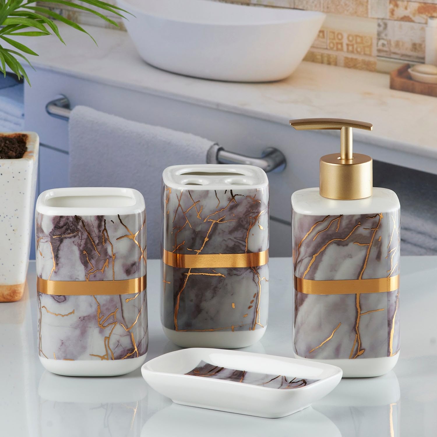Marble Design Golden Starp Bathroom Set