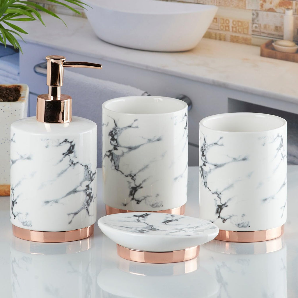 White Ceramic Bathroom Set (Pink Accent)