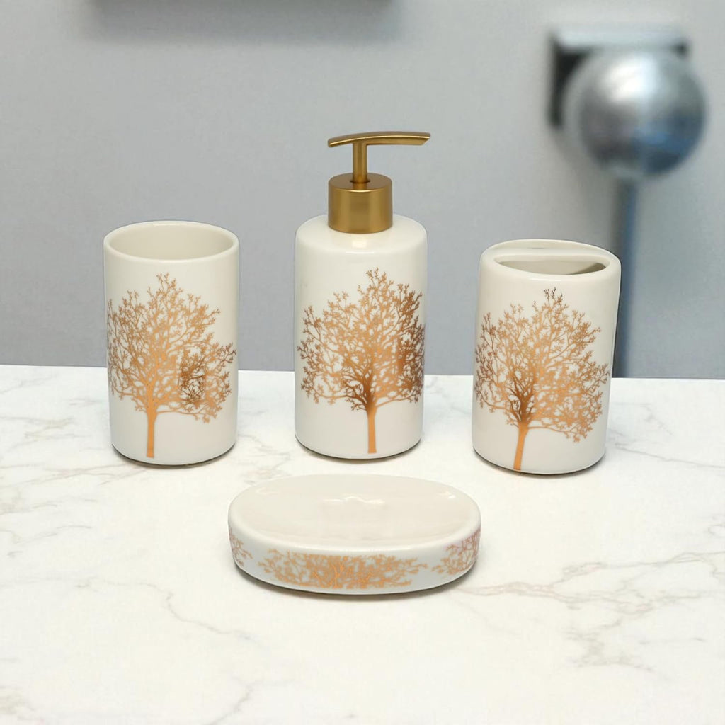 White Ceramic Golden Tree Bathroom Set