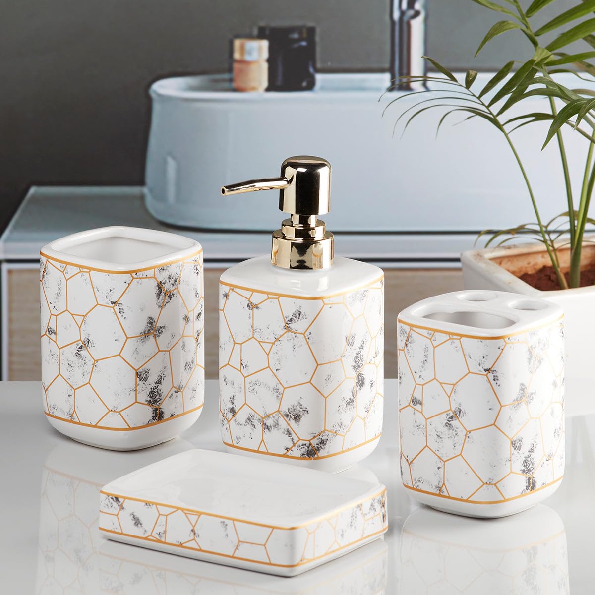 Marble Golden Hexagon Bathroom Set