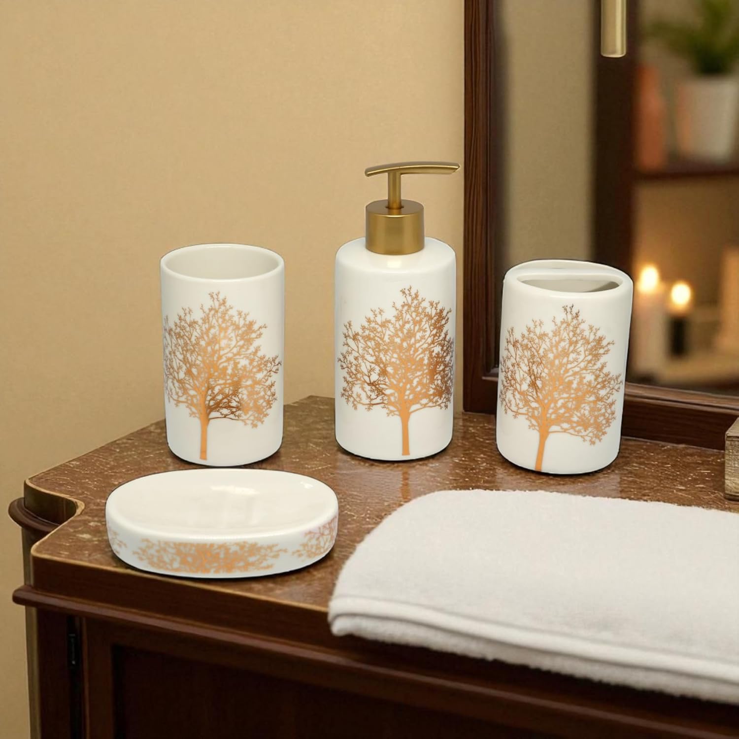 White Ceramic Golden Tree Bathroom Set