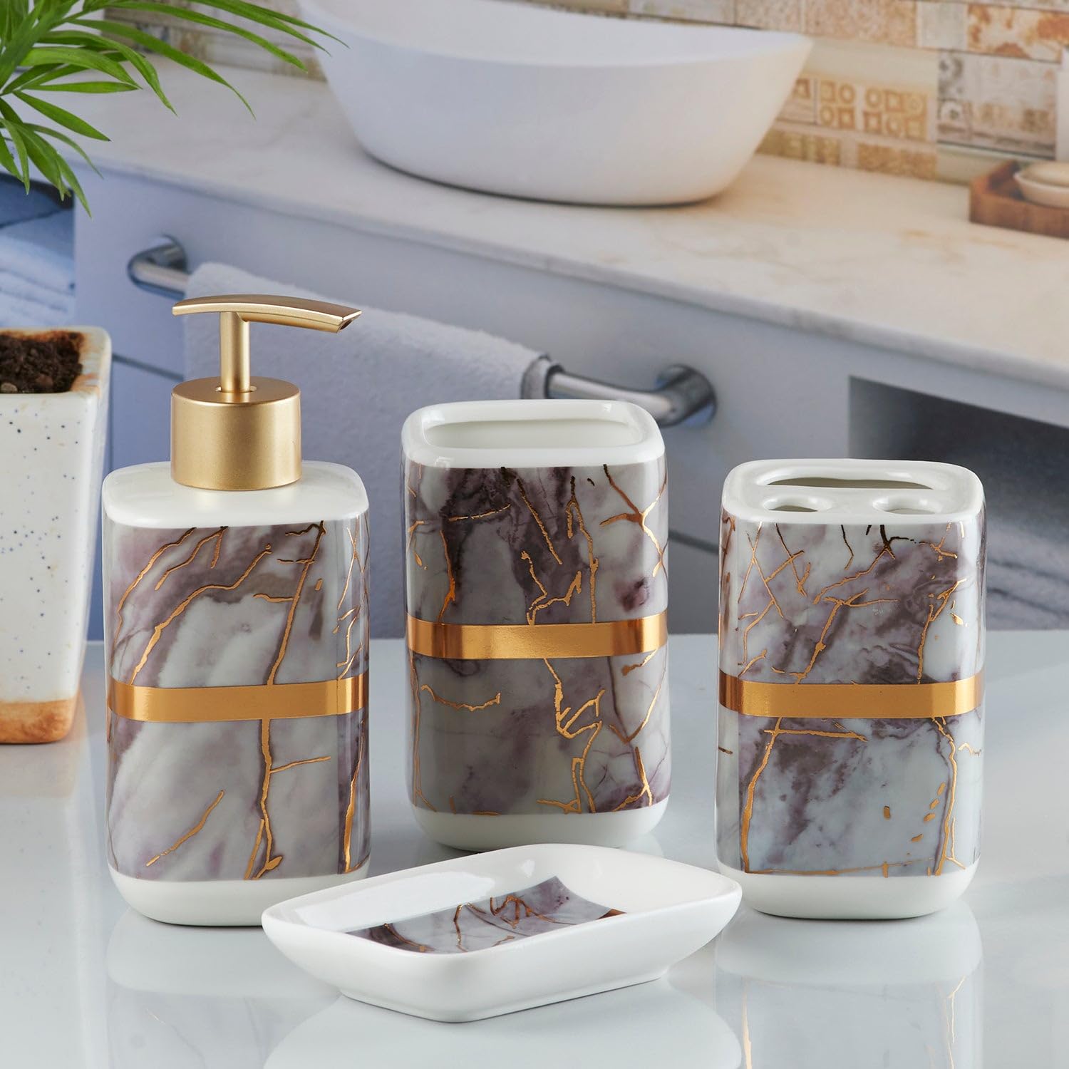 Marble Design Golden Starp Bathroom Set