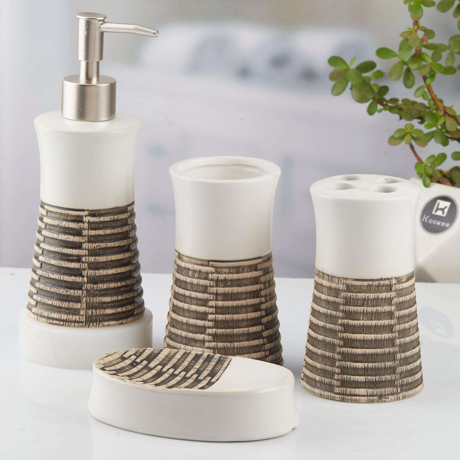 White & Brown Abstract Design Bathroom Set