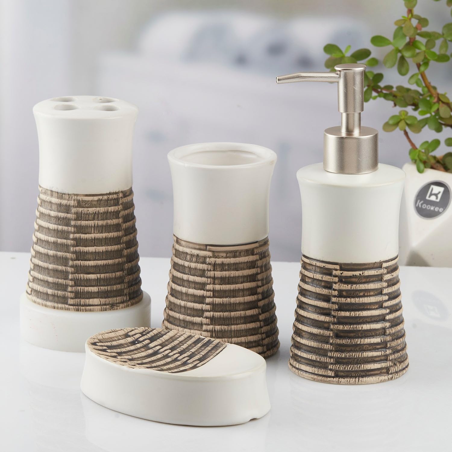 White & Brown Abstract Design Bathroom Set