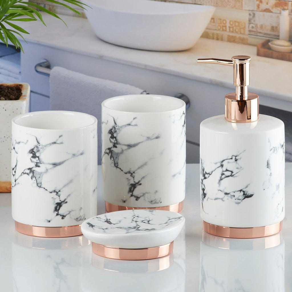 White Ceramic Bathroom Set (Pink Accent)