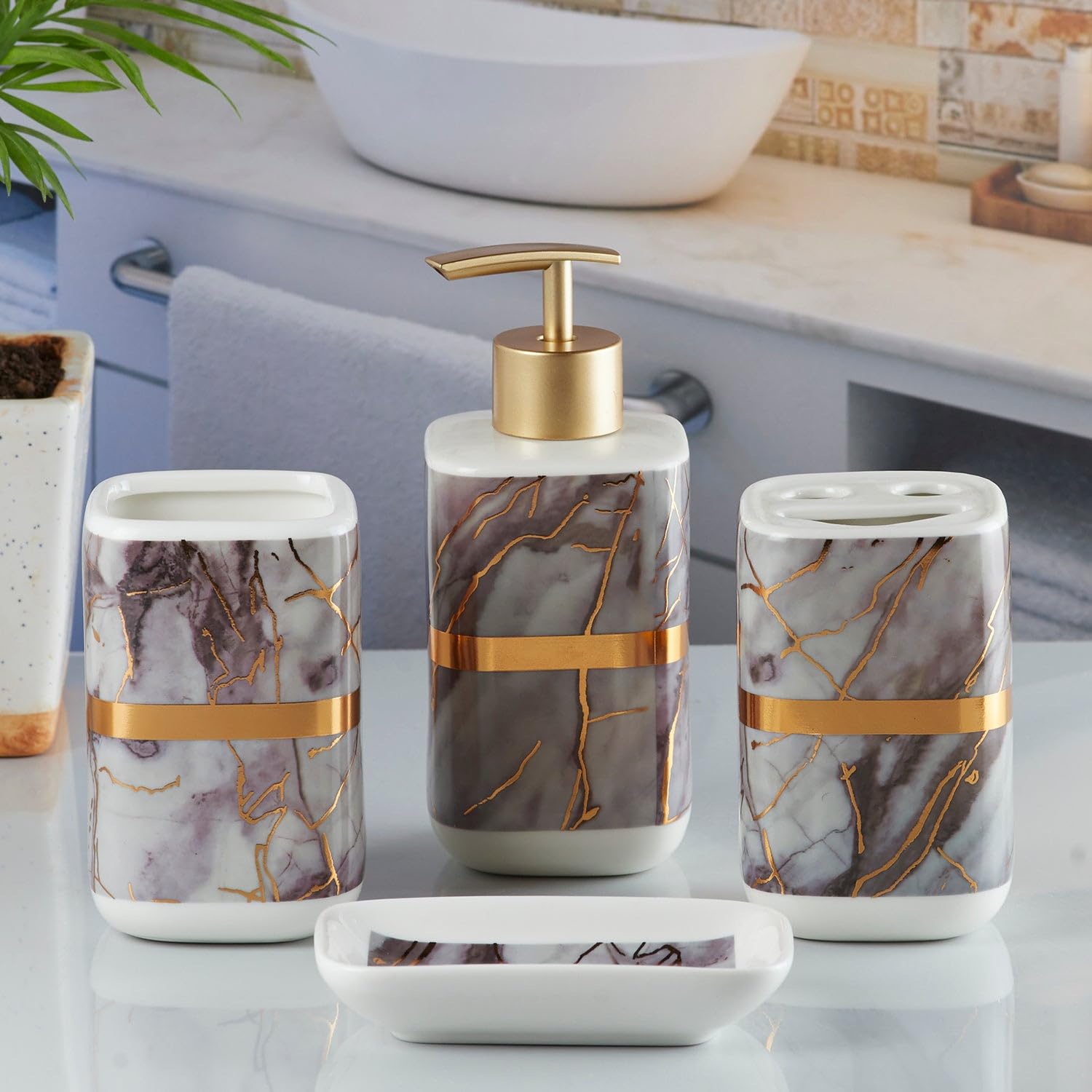 Marble Design Golden Starp Bathroom Set