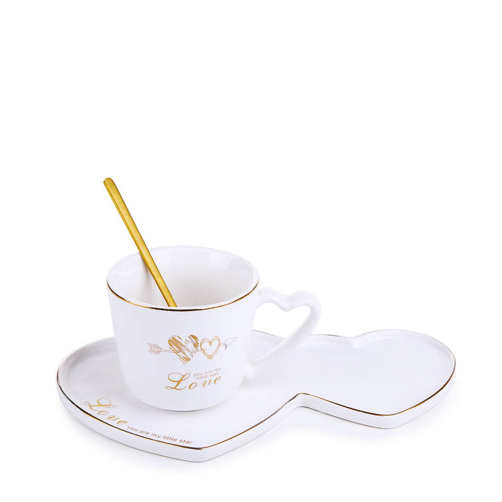 White Heart Mug With Ceramic Coaster & Spoon
