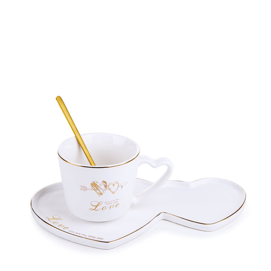 White Heart Mug With Ceramic Coaster & Spoon
