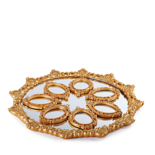 Embroidered Golden Tray With Small Mirror Plates