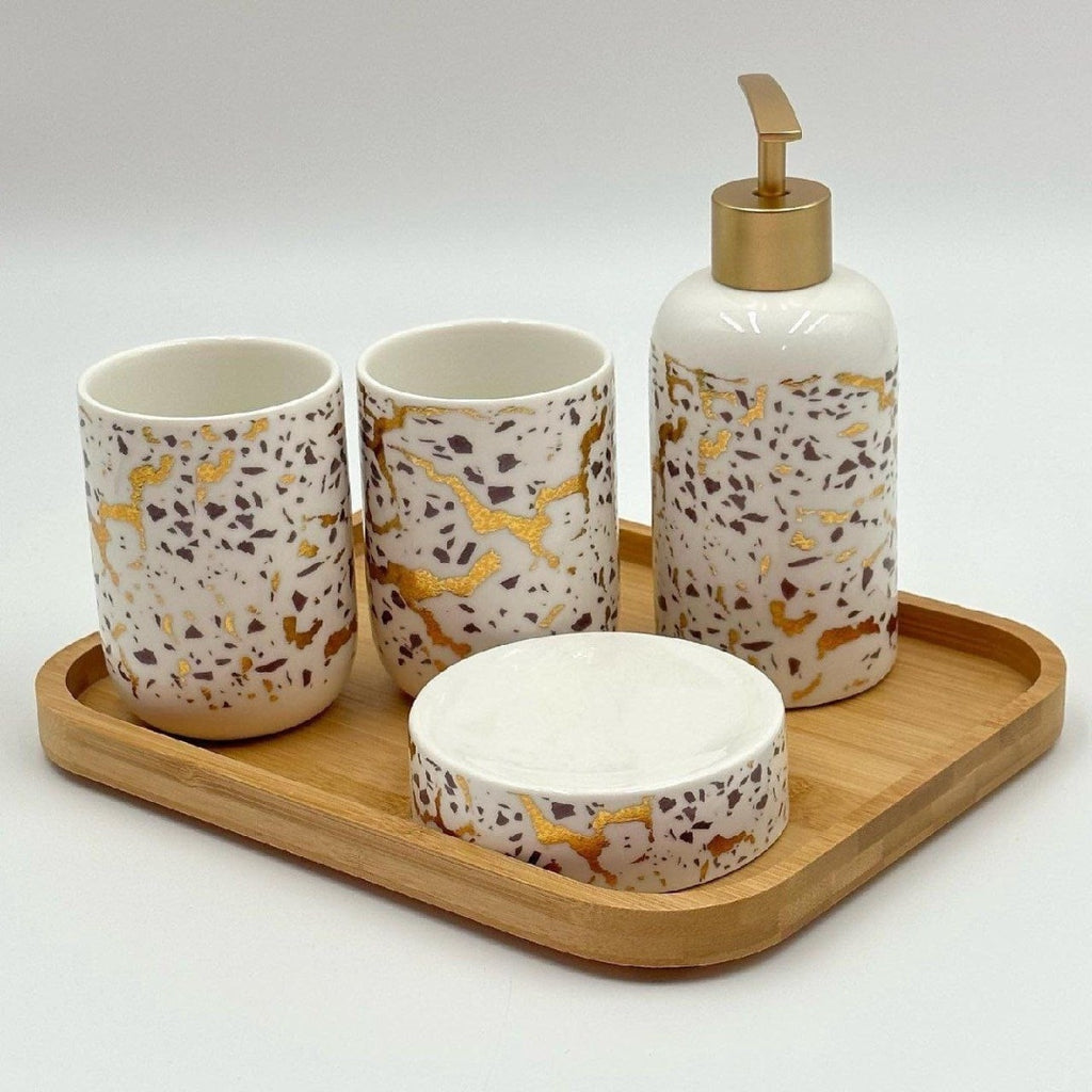 White with Golden Abstract Design Bathroom Set