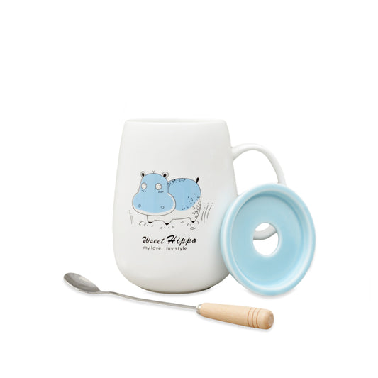 Hippo Designed Ceramic Mug With Lid & Spoon