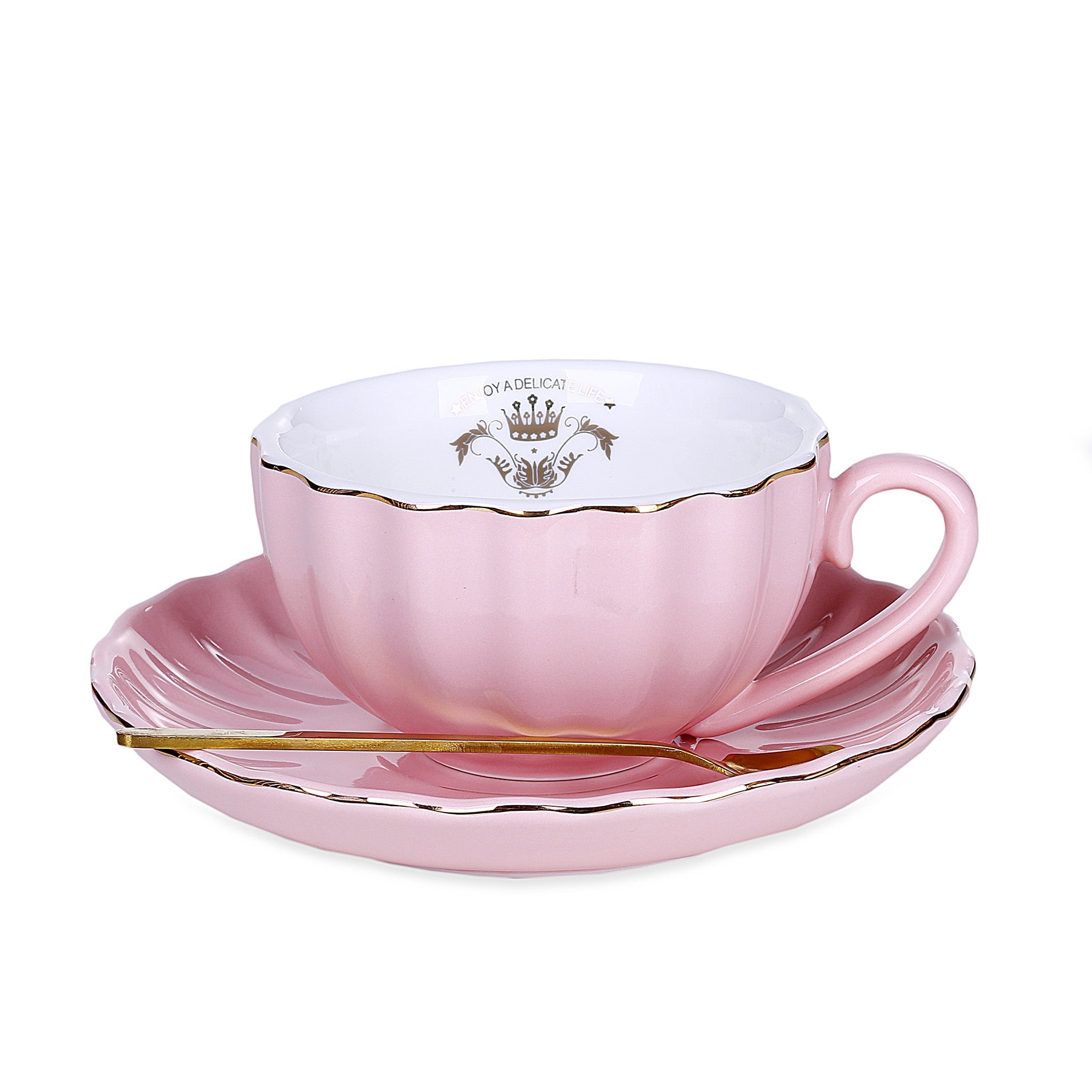 Round Flower Design Mug With Tray & Spoon