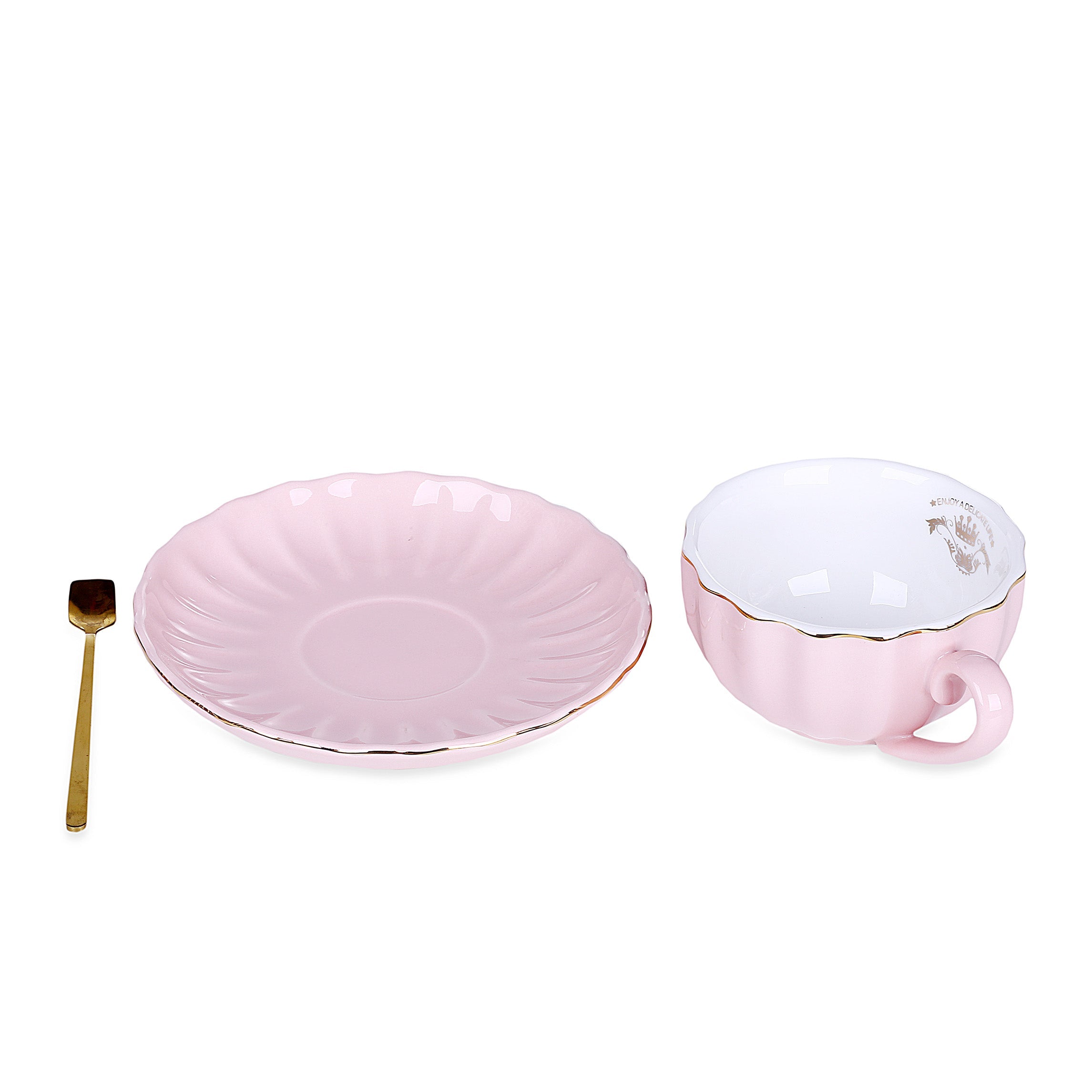 Round Flower Design Mug With Tray & Spoon