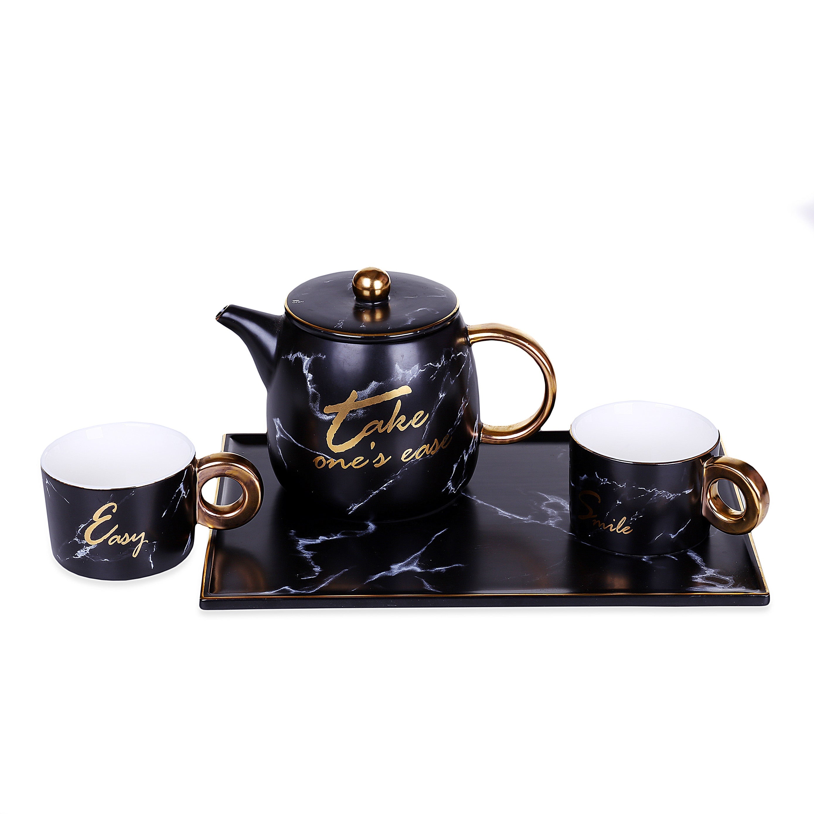Marble Design Mugs With Teapot & Tray