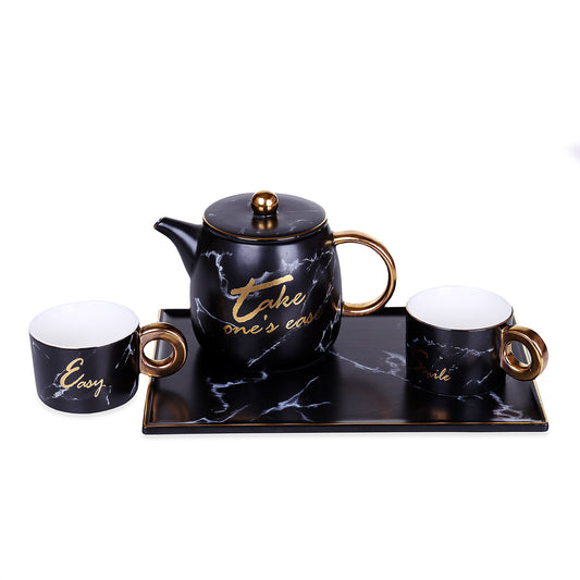 Marble Design Mugs With Teapot & Tray