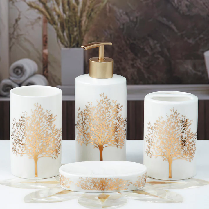 White Ceramic Golden Tree Bathroom Set