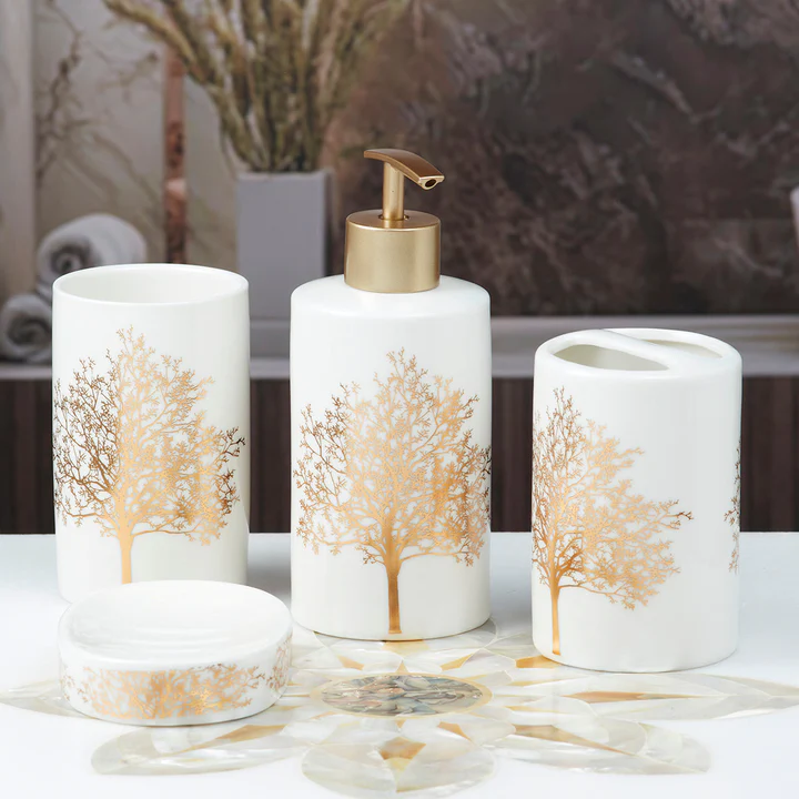 White Ceramic Golden Tree Bathroom Set