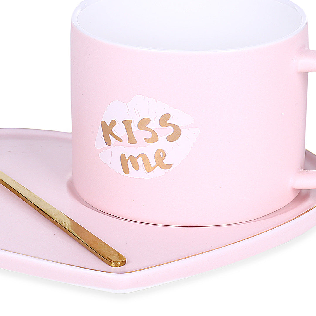 Heart Pink Mug With Tray & Spoon