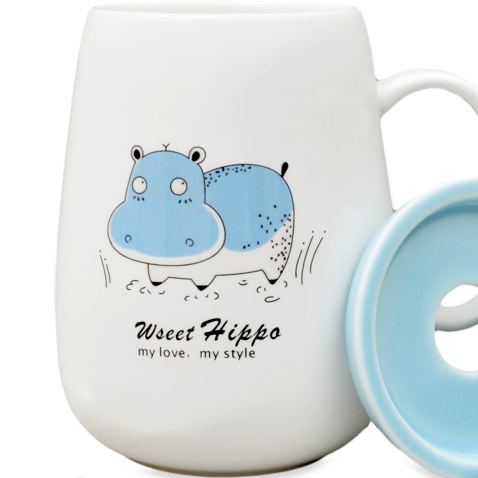 Hippo Designed Ceramic Mug With Lid & Spoon