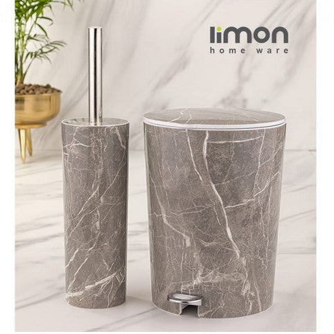 Premium Marble Texture Dustbin With Brush (Gray)