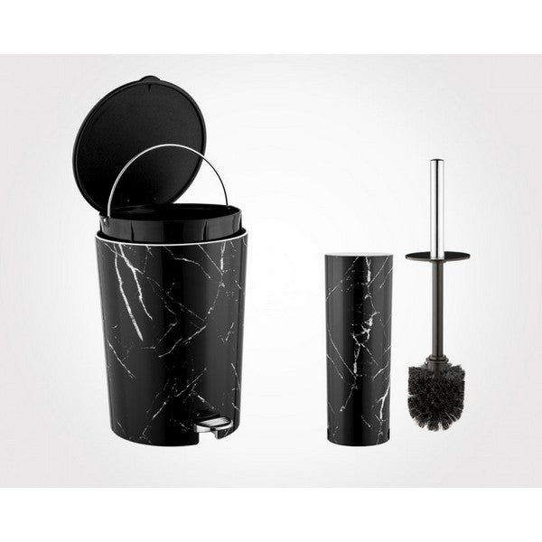 Premium Marble Texture Dustbin With Brush (Black)