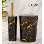 Premium Marble Texture Dustbin With Brush (Black)