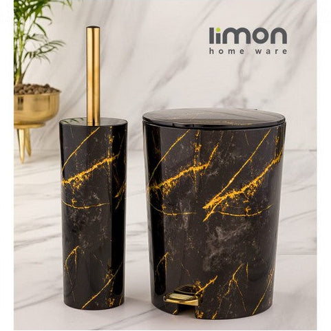 Premium Marble Texture Dustbin With Brush (Black)