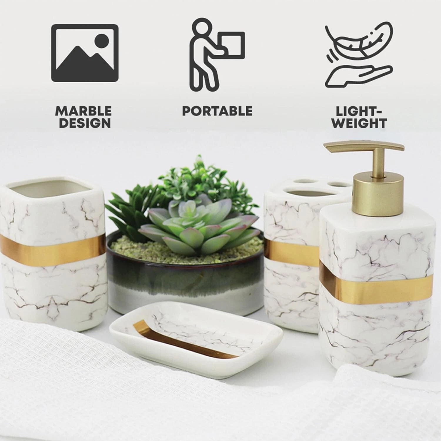 Marble Design Golden Starp Bathroom Set