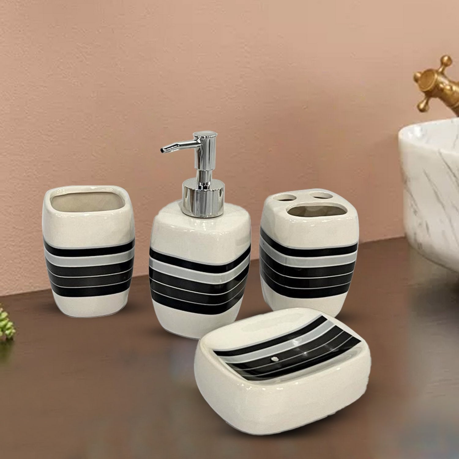 White & Gray Striped Bathroom Set